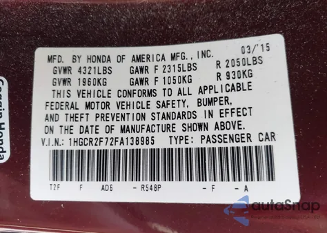 2015 Honda Accord Ex z USA, uszkodzony, nr VIN 1HGCR2F72FA138985